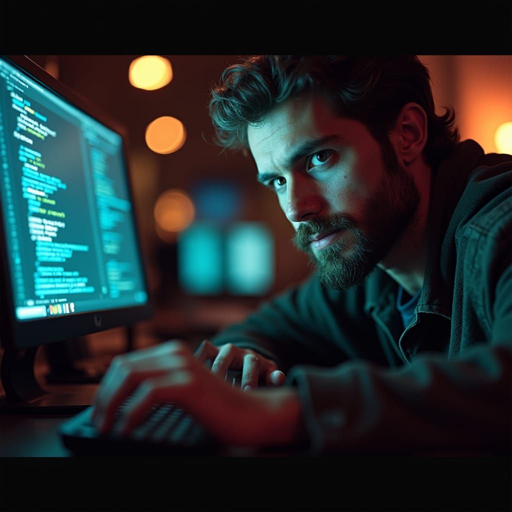 Cinematic Portrait of Programmer Immersed in Code