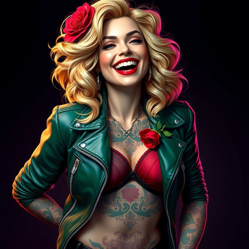 Woman with Tattoos and Rose, Art Nouveau Style