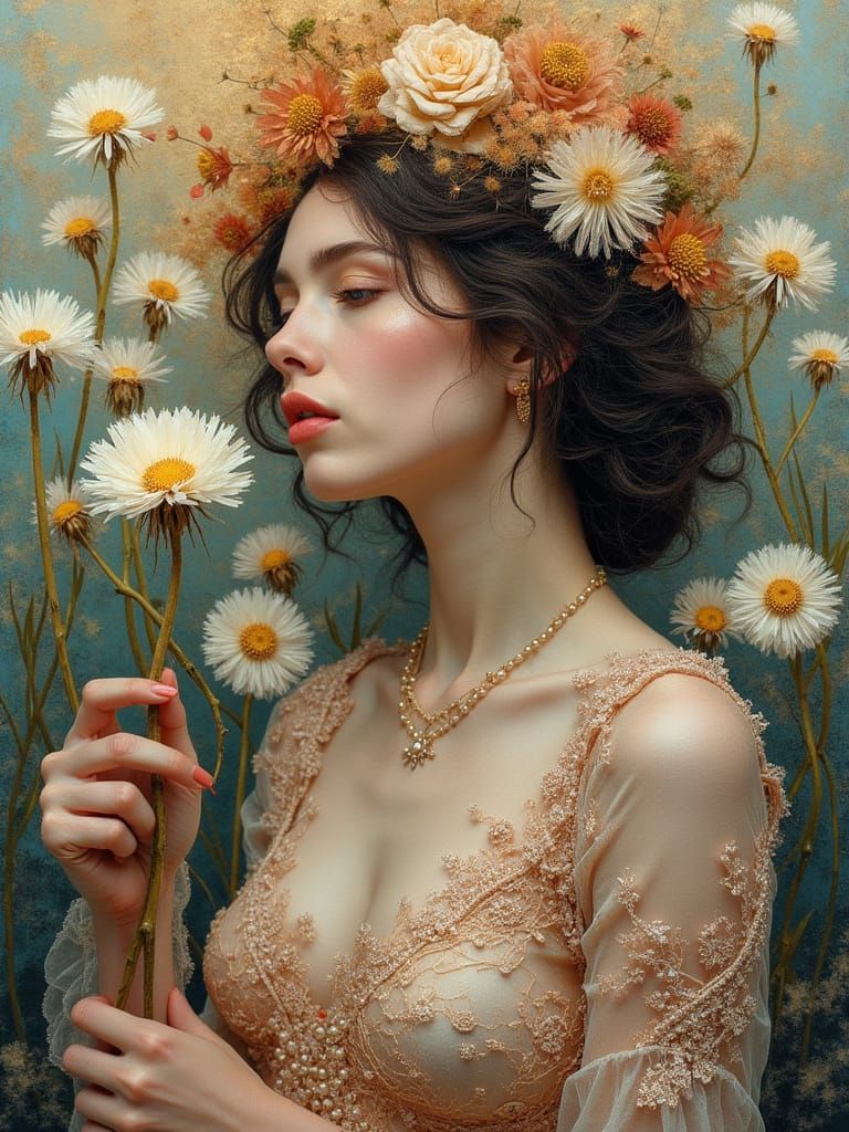 Woman Amidst Dandelions in Iridescent Heavenly Glow