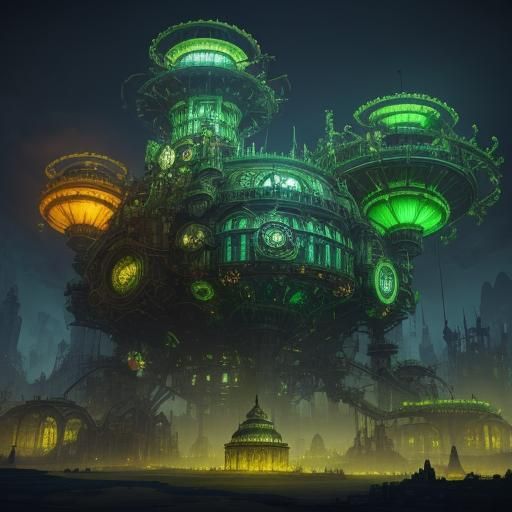 Neon Steampunk Coliseum City in Overgrown Rainforest