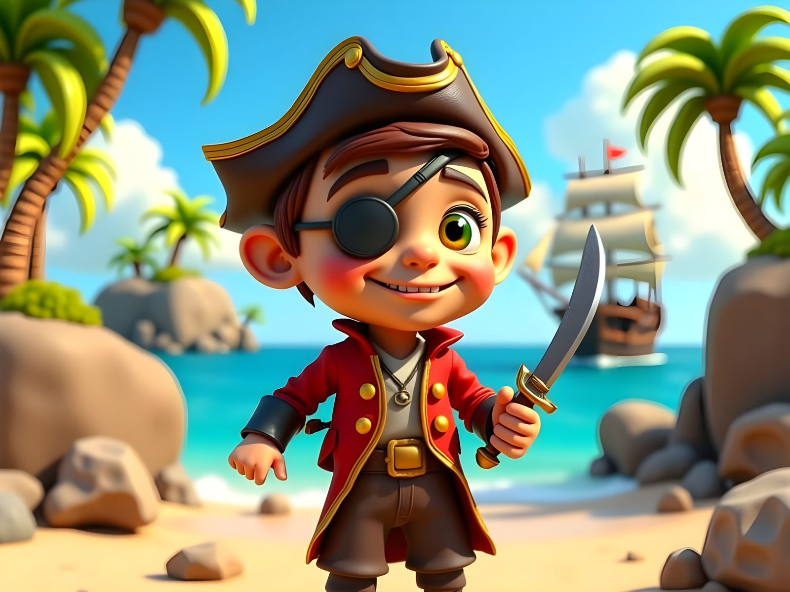 Claymation Pirate on Beach in 3D Style