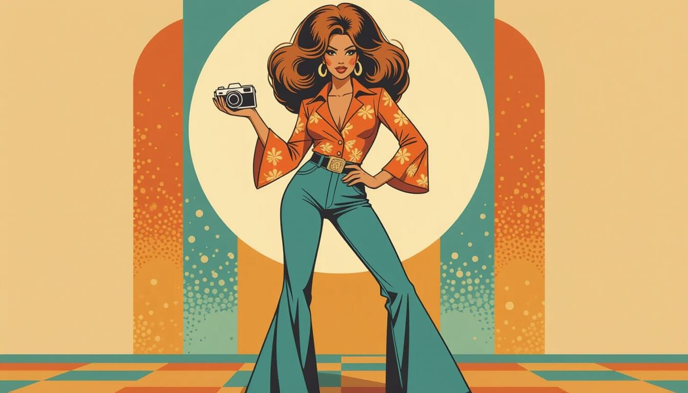 1970s Fashion Illustration: Woman with Feathered Hair and Be...