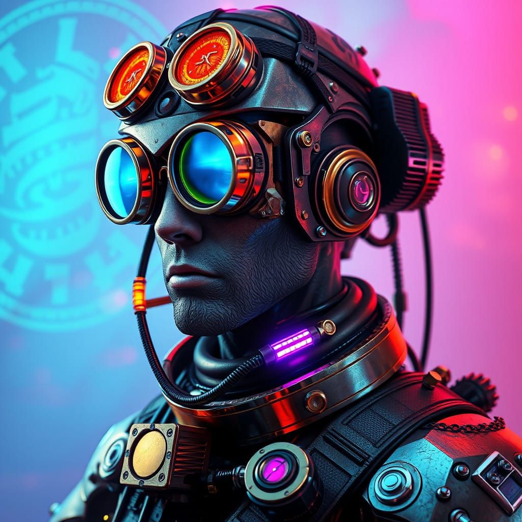 Steampunk Inventor in Neon Exosuit