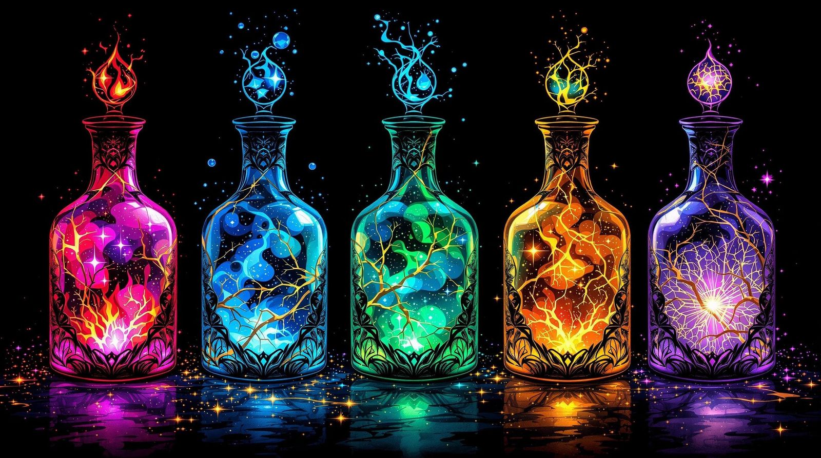 Glowing Magical Potions in Alcohol Ink Style