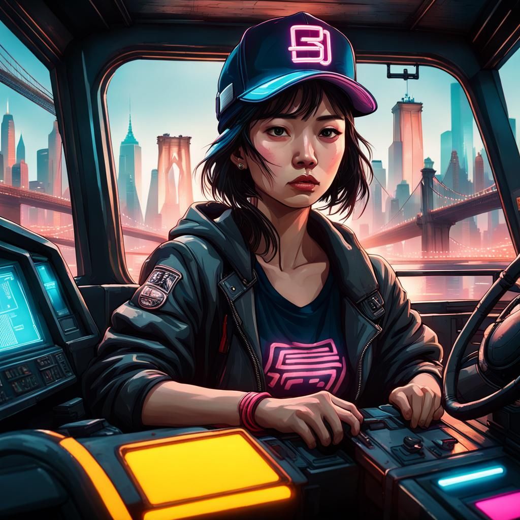 Korean Woman Driving Truck in Cyberpunk Brooklyn
