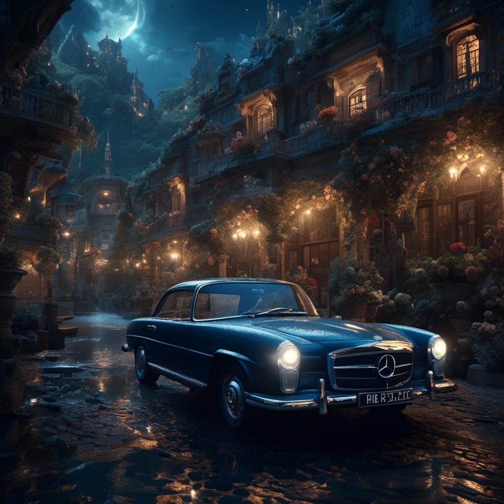 Blue Mercedes at Night: Hyperreal Digital Painting