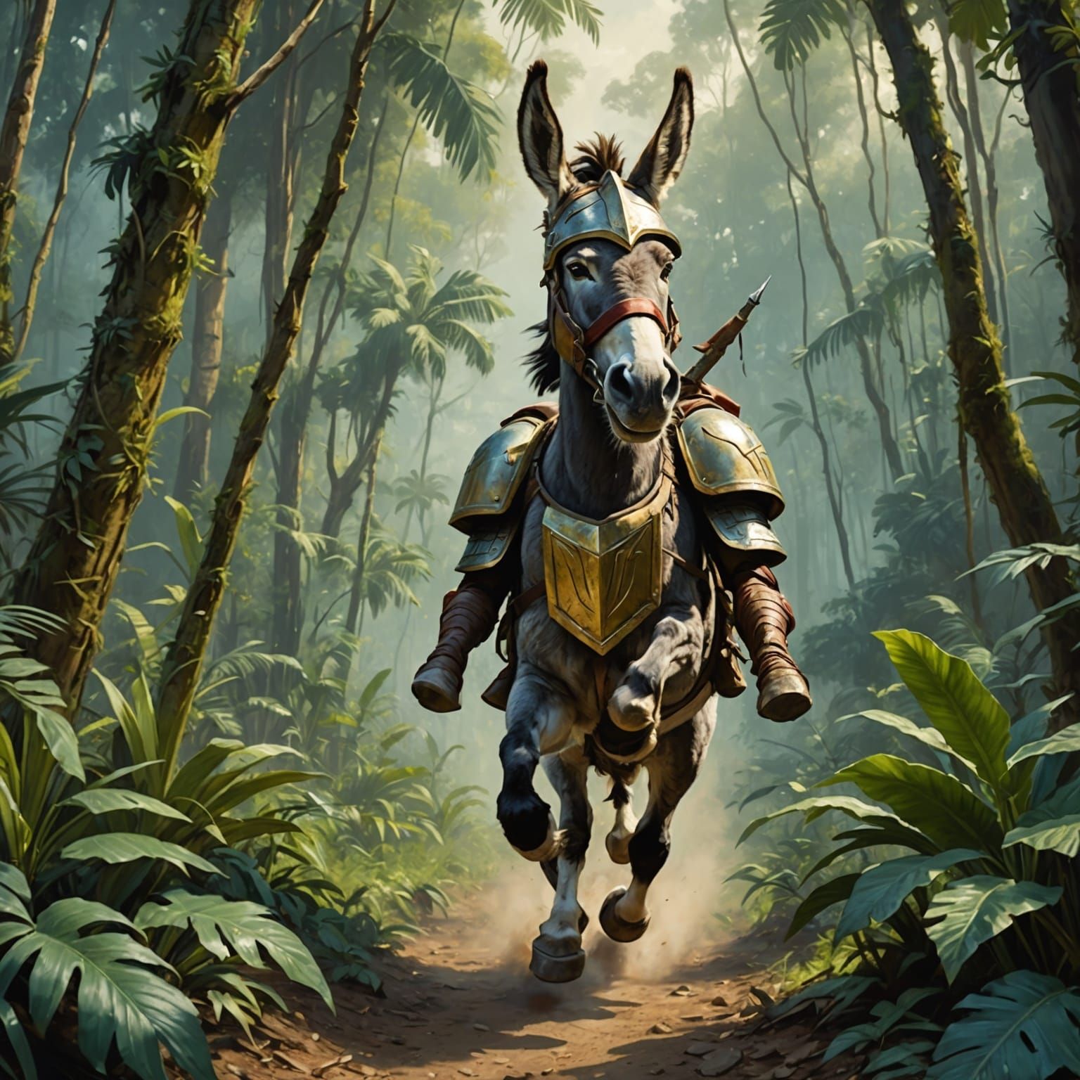 Donkey in Spartan Helmet Flying Through Jungle