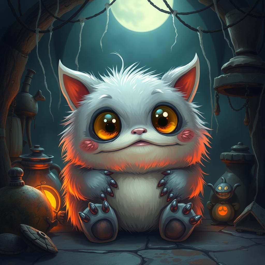 Adorable Fuzzy Monster in Dimly Lit Setting