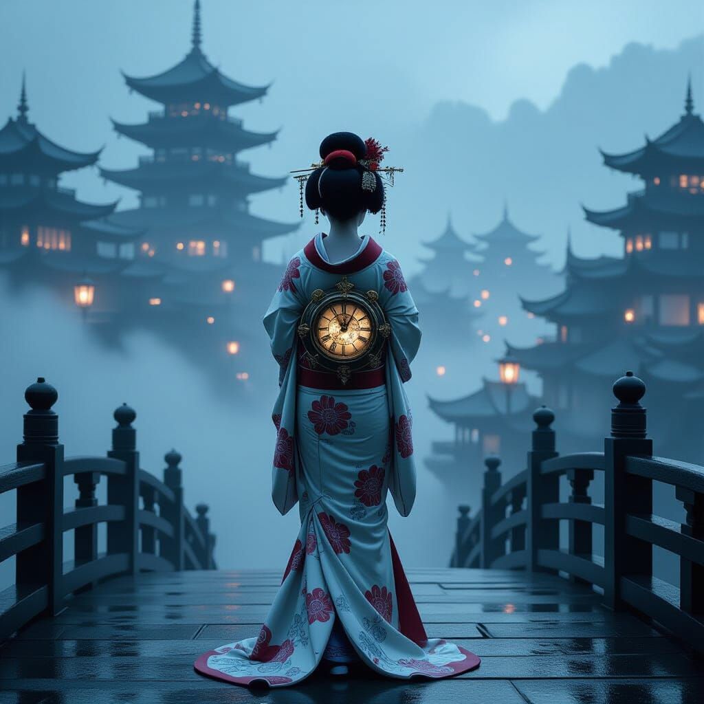 Geisha with Clockwork Heart on Steampunk City Bridge