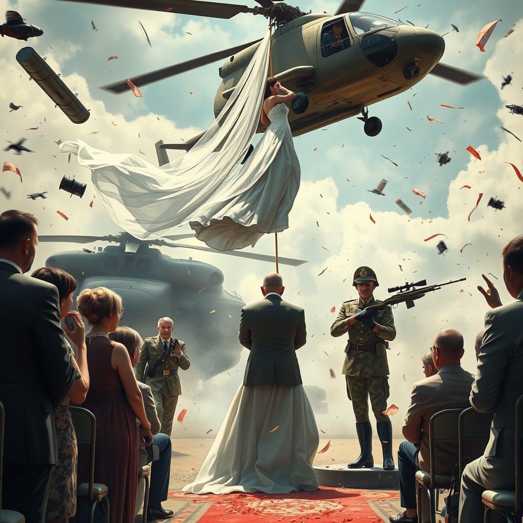 Dystopian Wedding Scene with Helicopter Rescue
