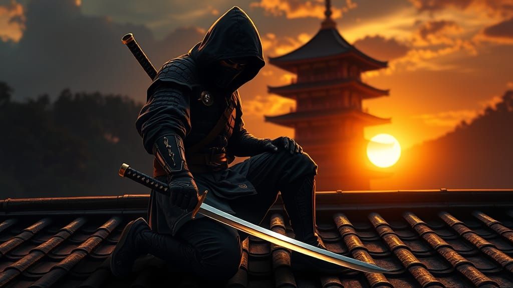 A cloaked ninja kneels on a traditional Japanese tiled roof