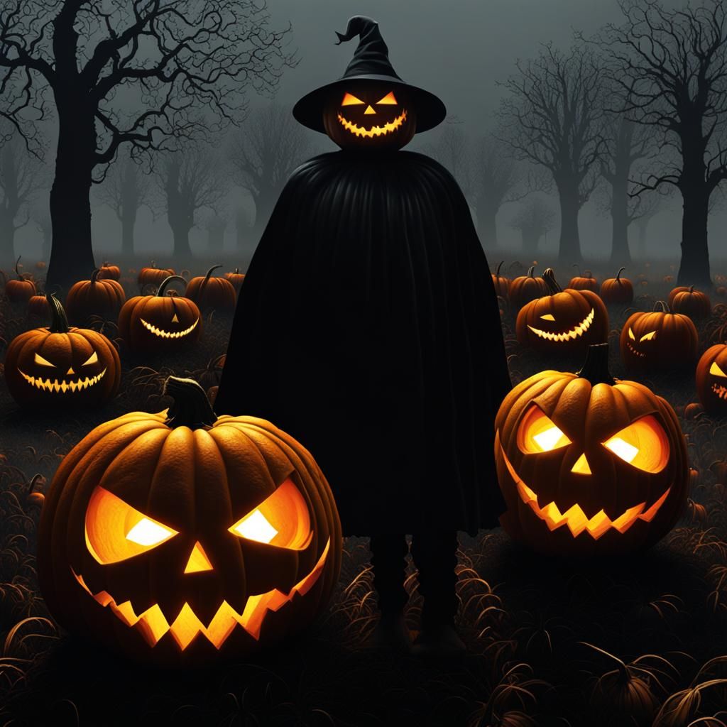 3D Pumpkin Monster in a Foggy Autumn Field