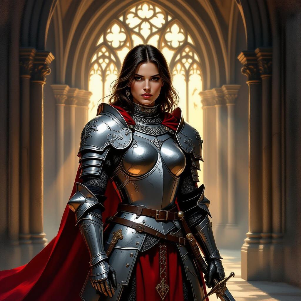 Female Templar Knight Before Gothic Cathedral