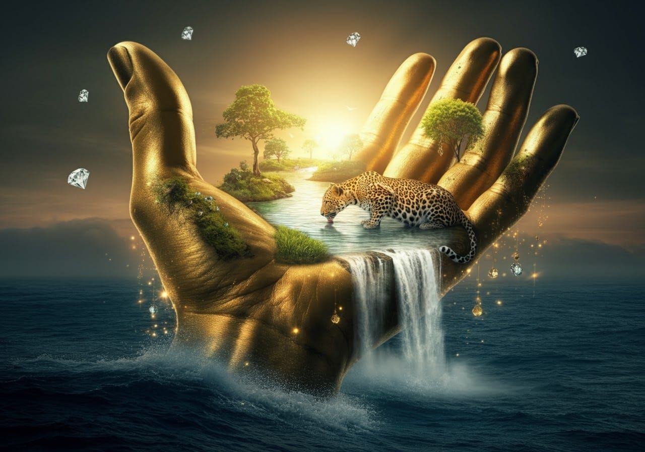 Golden Hand Ecosystem Rising from the Ocean