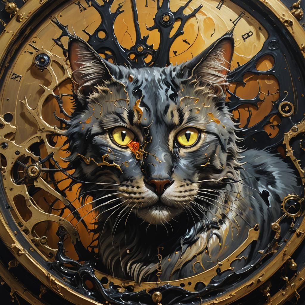 Halloween Cat on Melting Clock in Surrealist Style