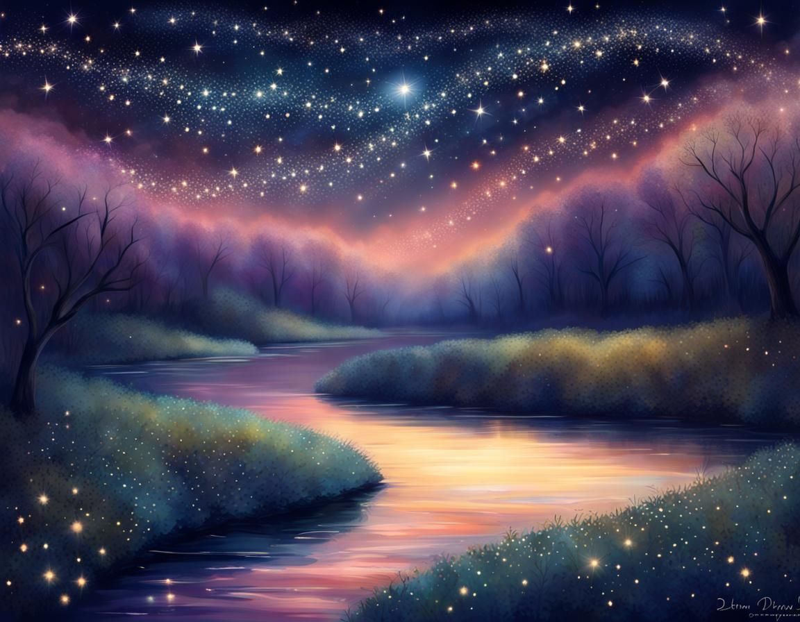 Dreamy River at Night with Sparkling Stars