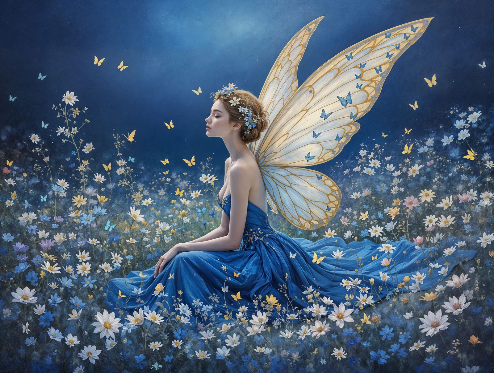 Ethereal Fairy in Sapphire & Gold Wildflower Meadow