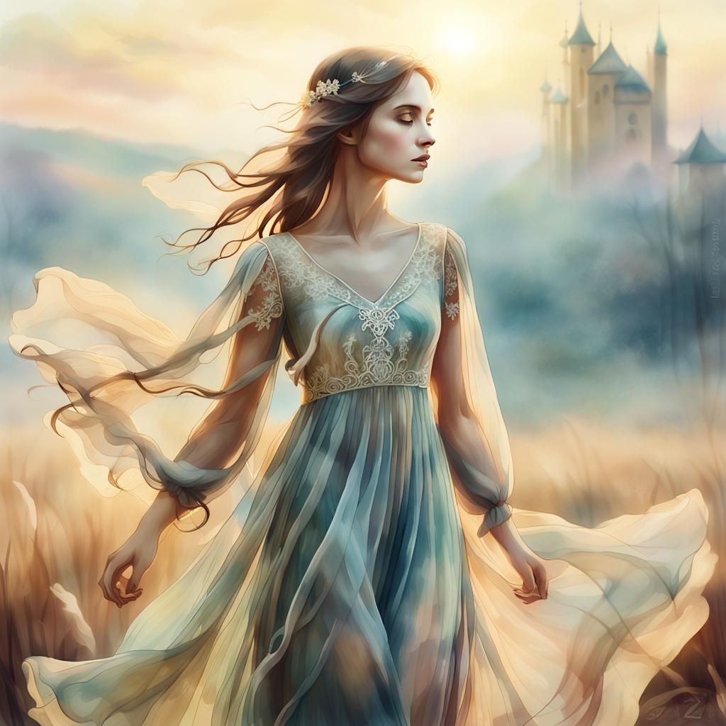 Dreamy Watercolor Woman in Cornfield at Dawn