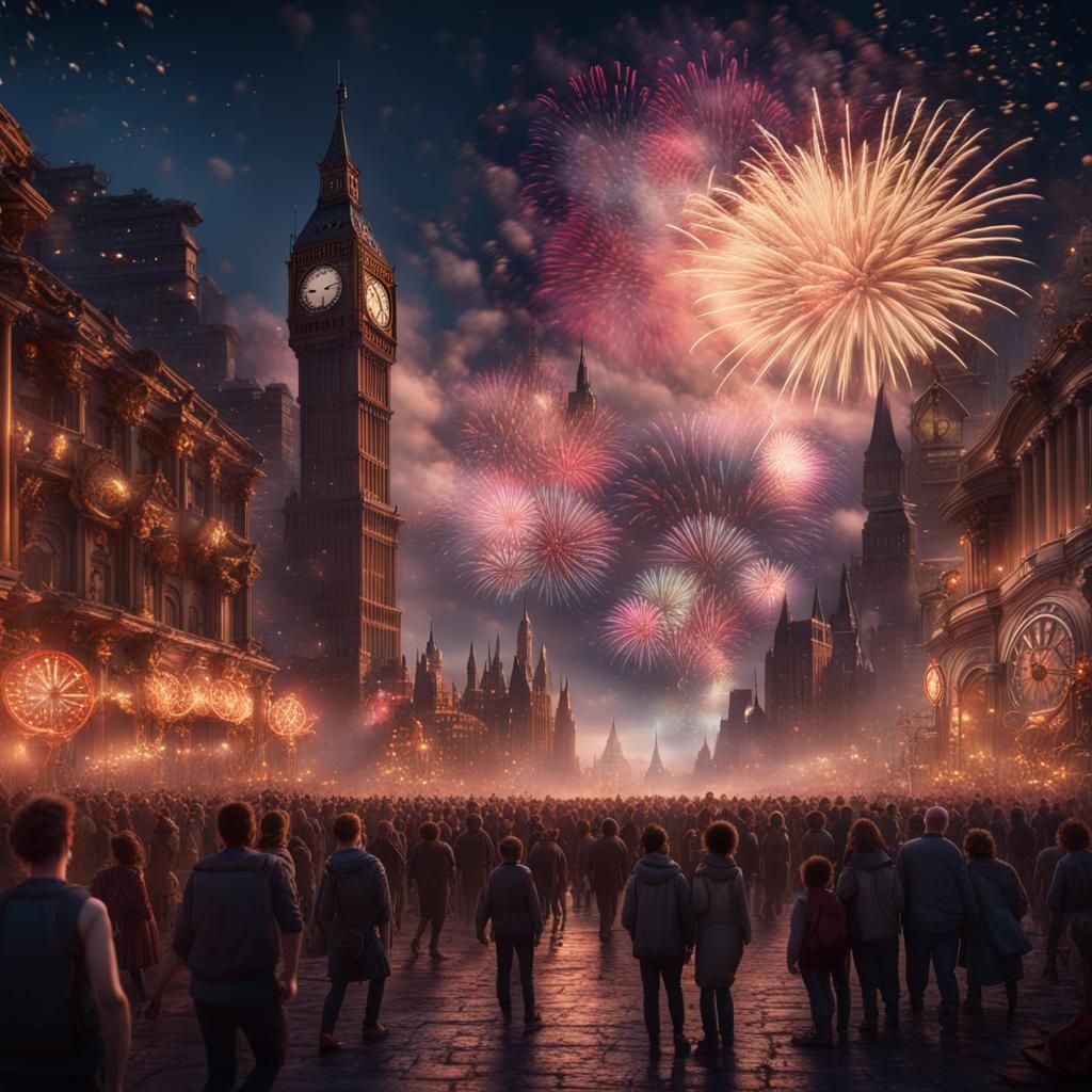 New Year's Eve Fireworks Display in Matte Painting Style