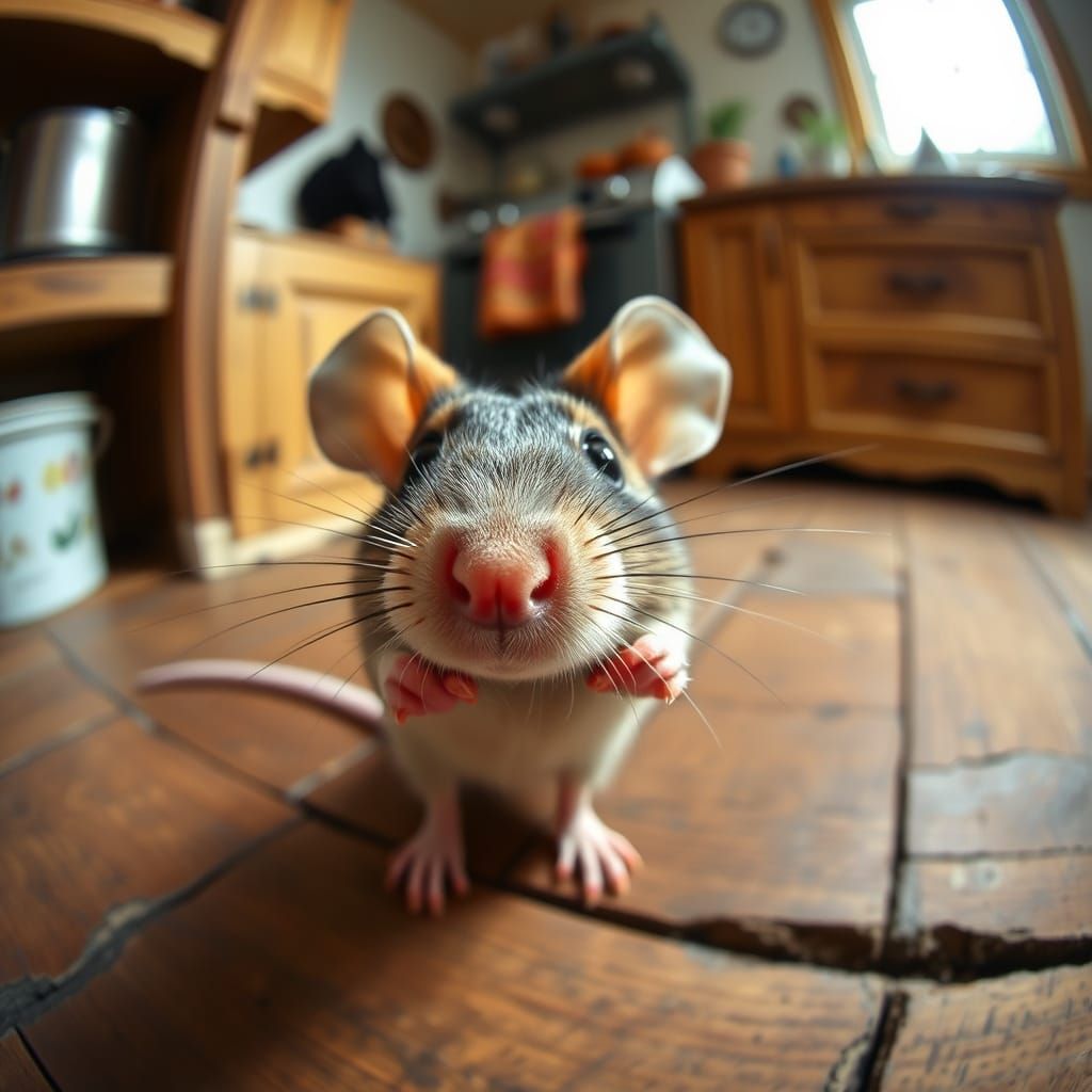 Silly Shy Mouse Photobomb in Rustic Kitchen