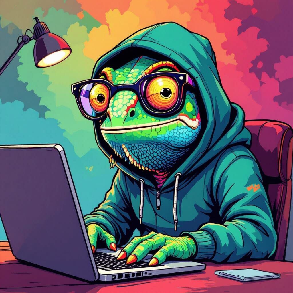 Trendy Chameleon Typing on Laptop in Comic Art Style