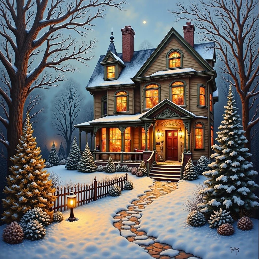 A Romantic Victorian Christmas Scene in Traditional Oil Pain...