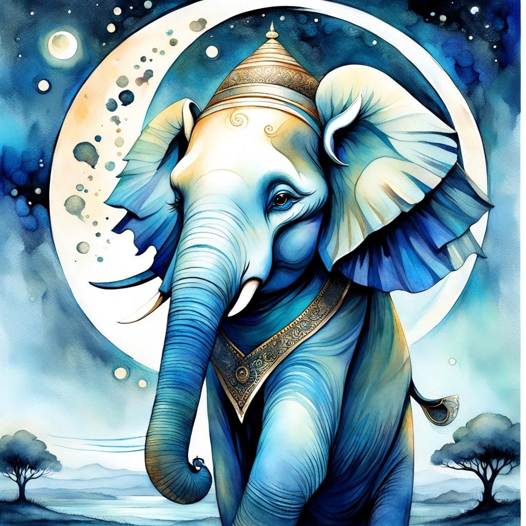 Blue Elephant in Moonlight: Watercolor Digital Art