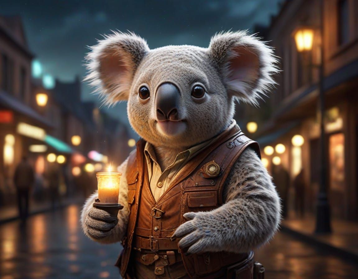 Steampunk Koala Rambles Down Australian Street at Night