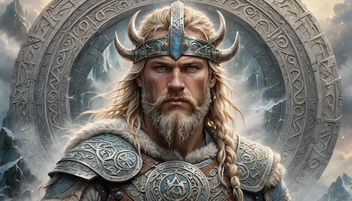 Runic Viking Warrior in Ethereal Fantasy Landscape