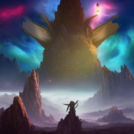 The last warrior neko, fantasy space exploration on an uninhabited planet with vibrant sci-fi plants, bright galaxy colo...