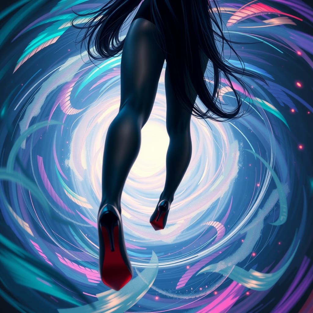 Woman in Black Pantyhose Amidst Swirling Vortex