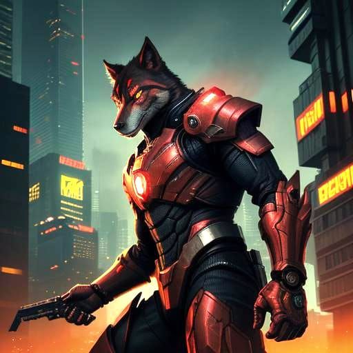 Red Armored Werewolf in Dystopian Sci-Fi City