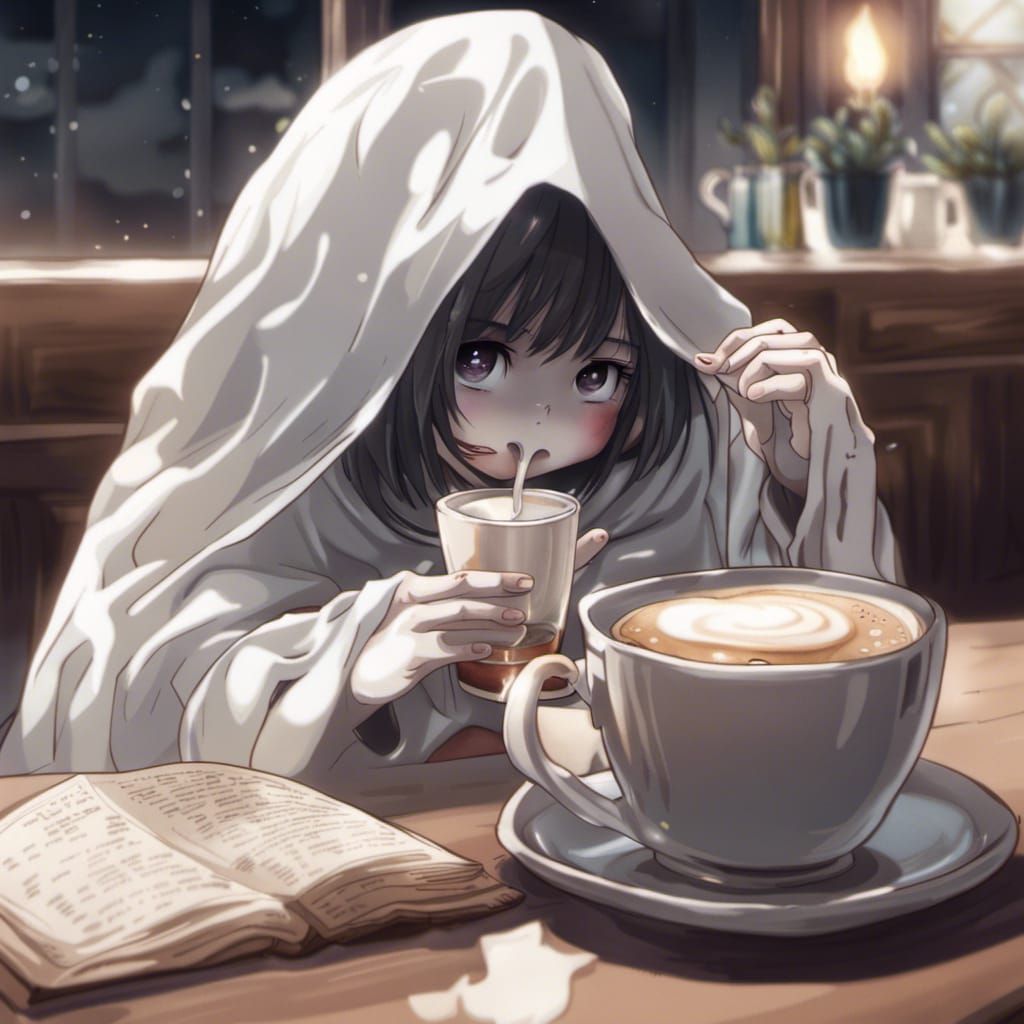 Cute Sheet Ghost Drinks Coffee: Anime Style