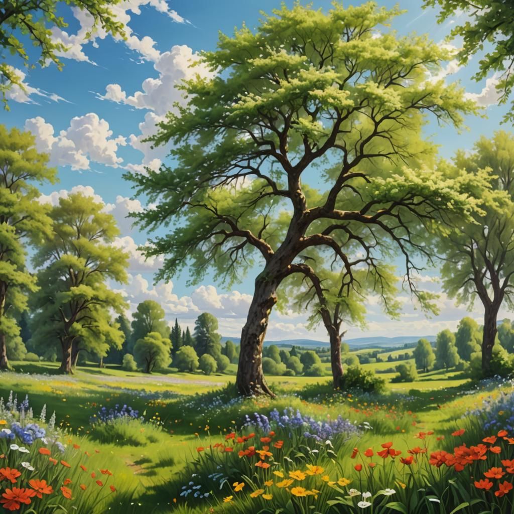 Peaceful Landscape Painting of a Blooming Meadow