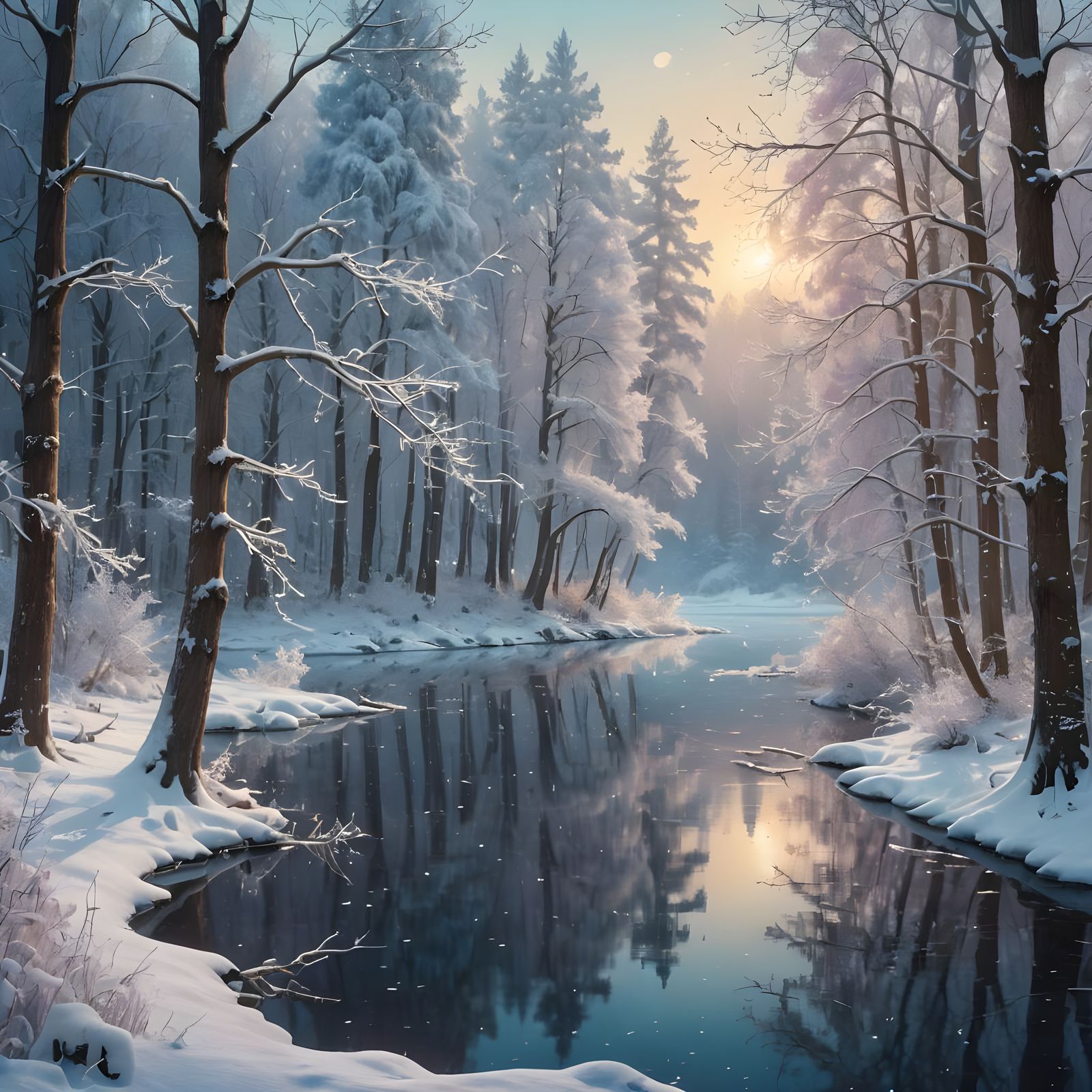 Winter Lake View with Forest: Matte Painting