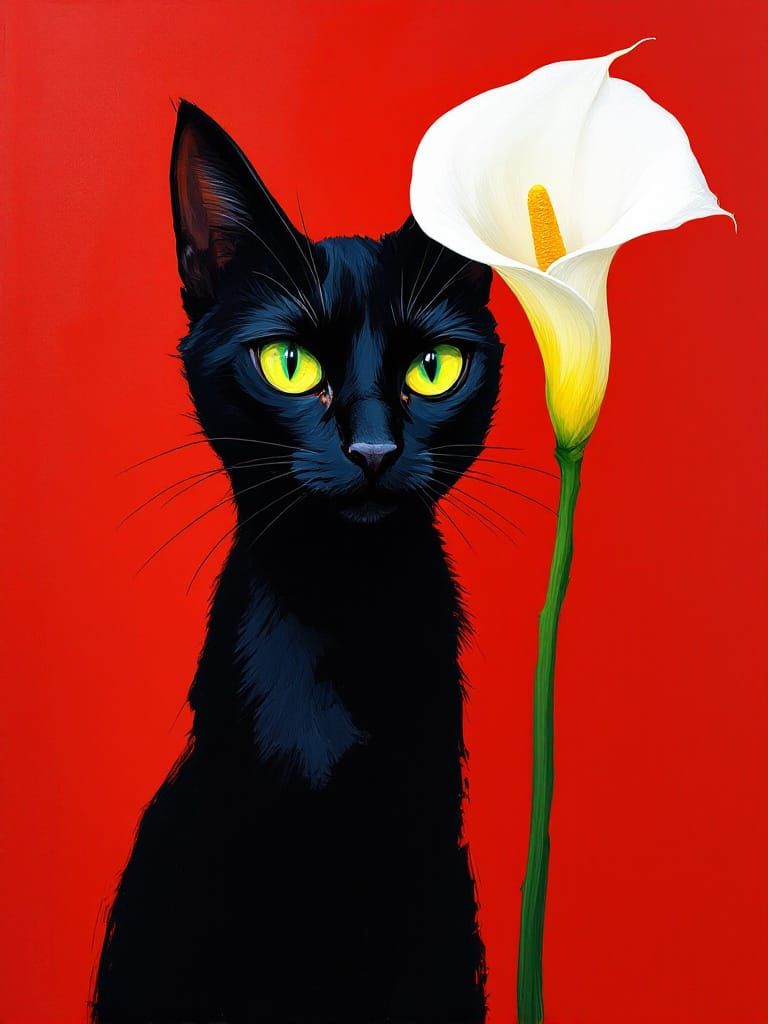 Black Cat and Lily in Abstract Expressionist Style