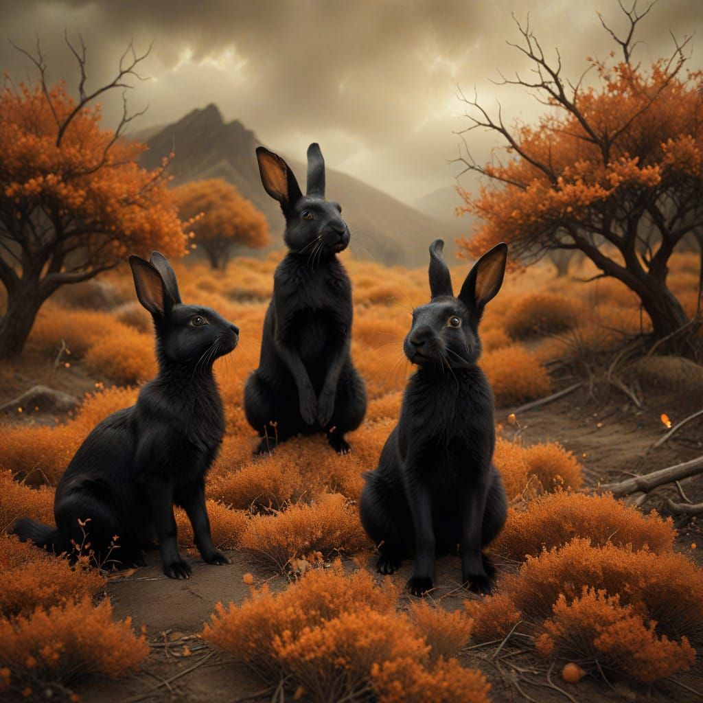 Dreamlike Orange Landscape with Playful Black Rabbits