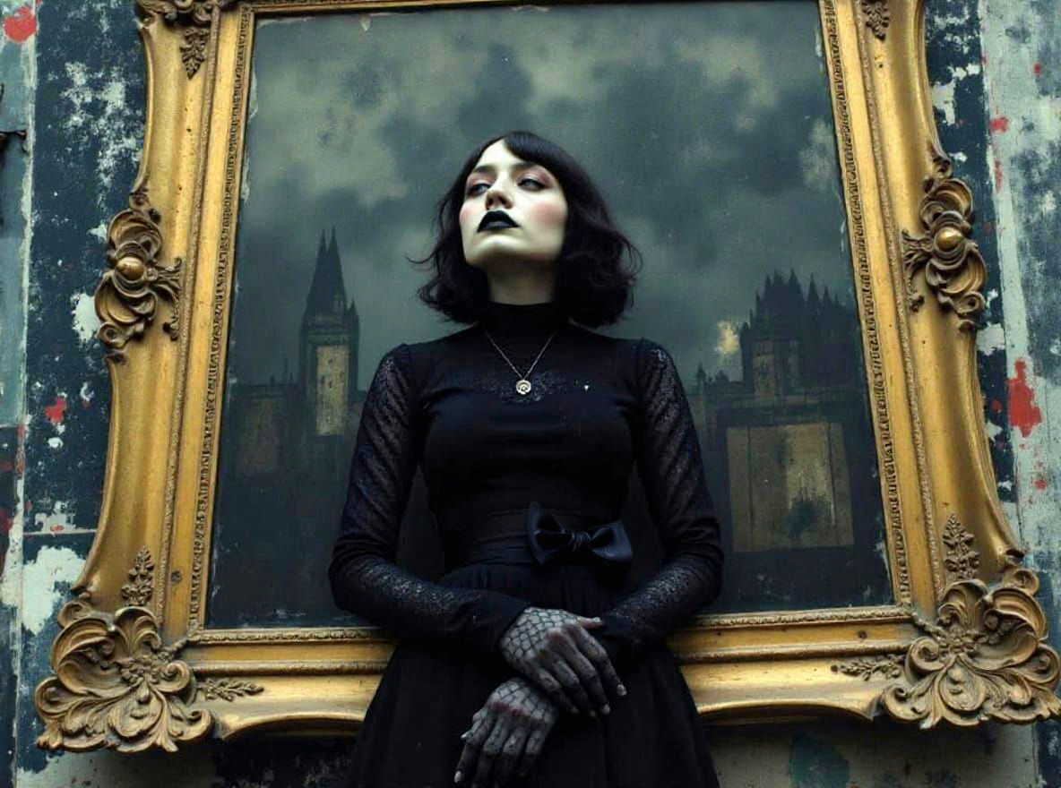 Gothic Portrait in Gilded Frame with Atmospheric Collage