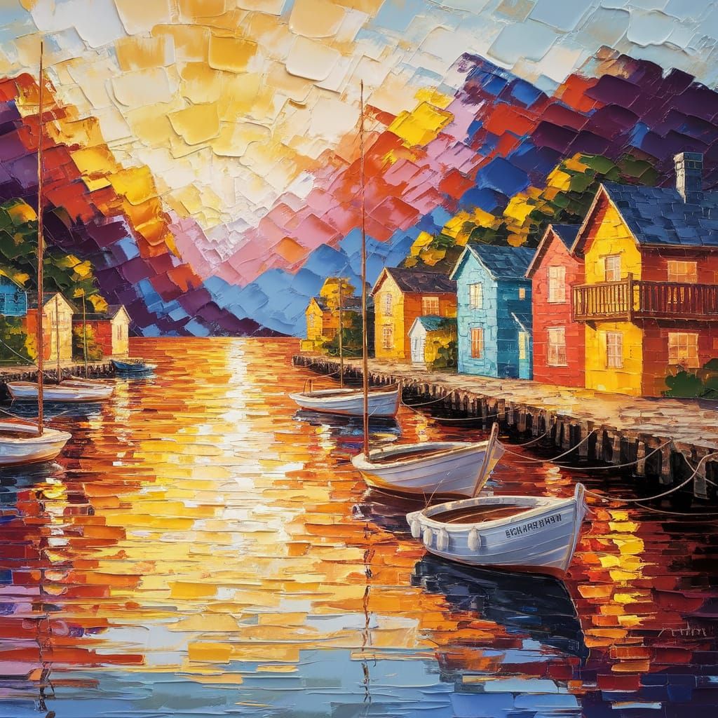 Neo-Impressionist Village Harbor at Sunset