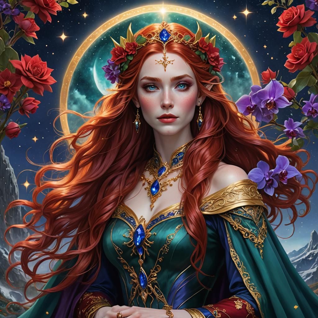 Elven Woman with Red Hair and Floral Adornments