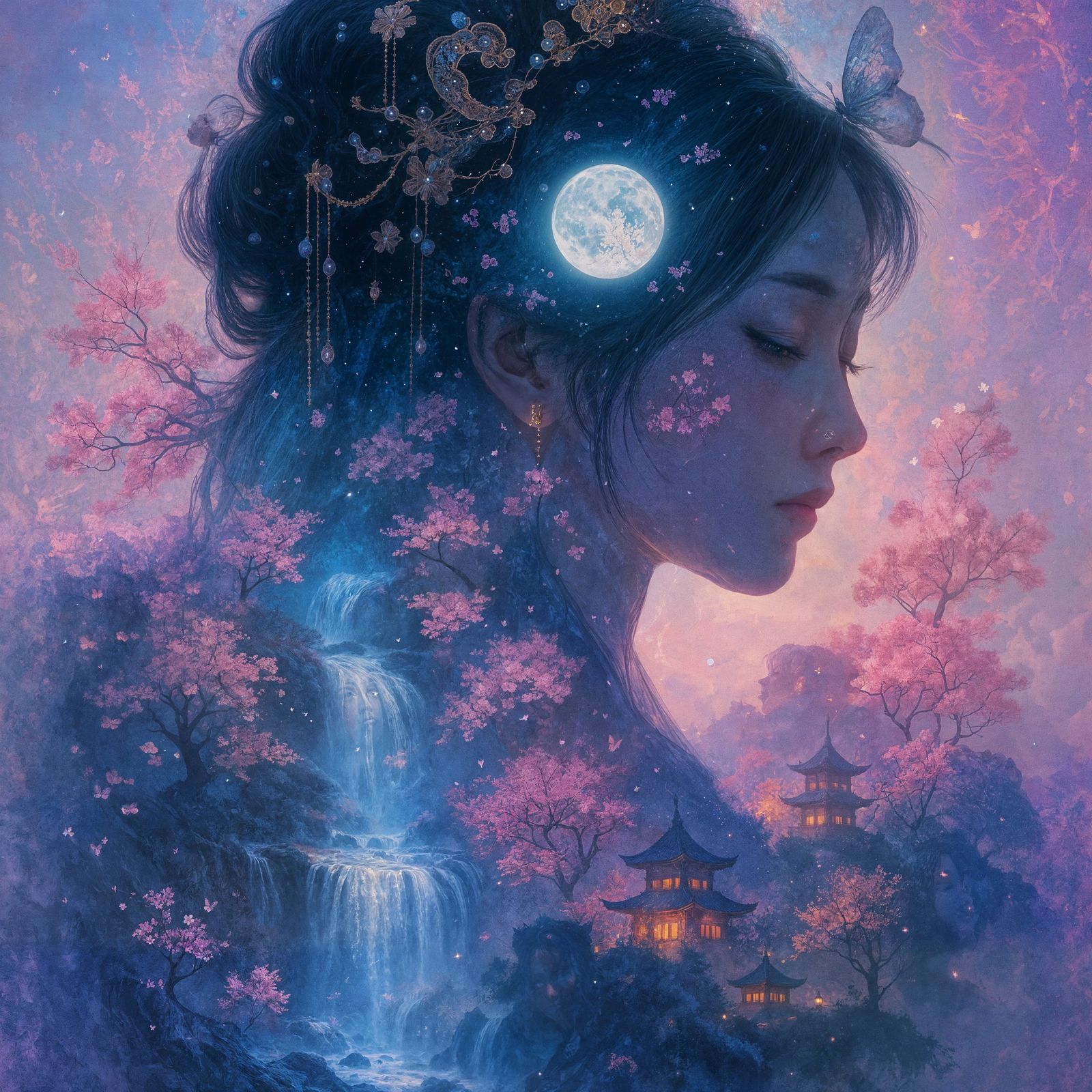 East Asian Woman Double Exposure with Dreamlike Landscape