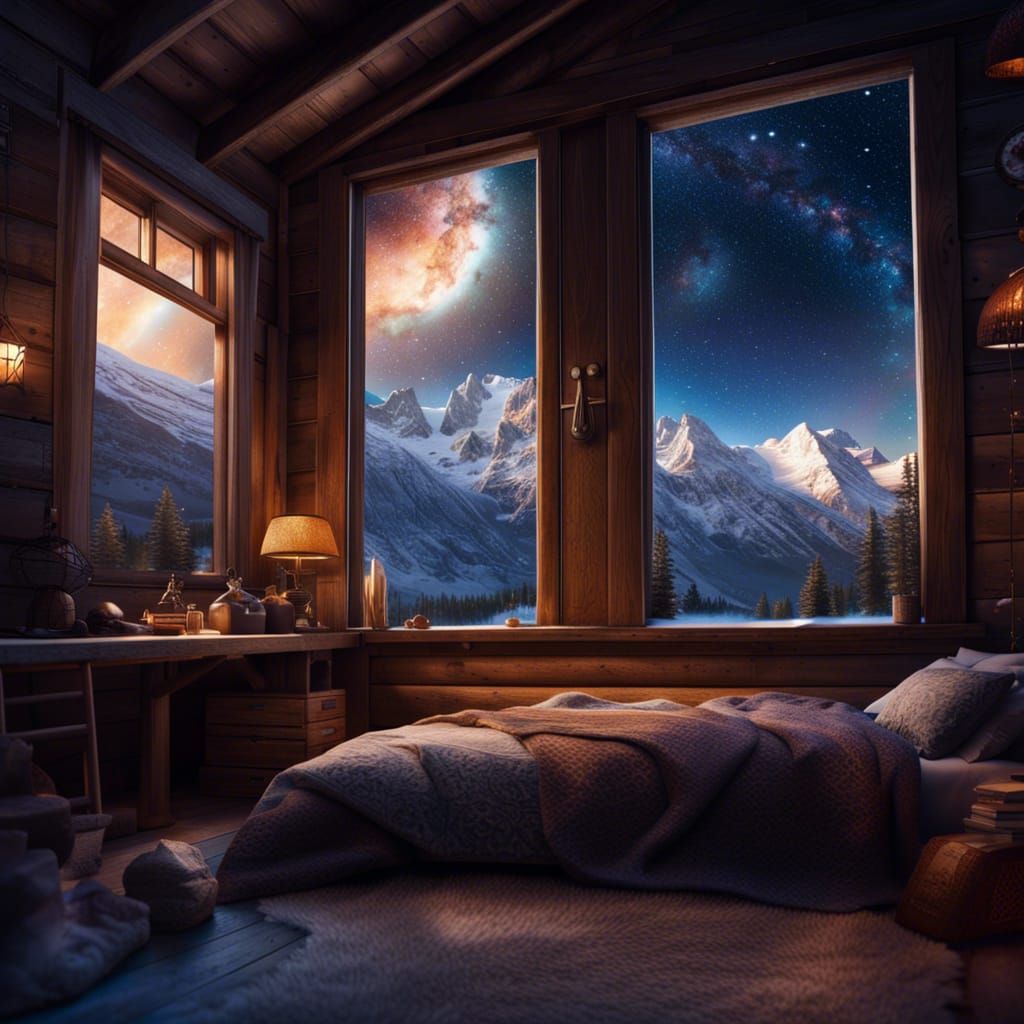 Cozy Cabin Interior with Snowy Mountain and Starry Sky