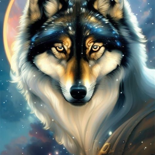 Celestial Galaxy Wolf Portrait in Hyperdetailed Style
