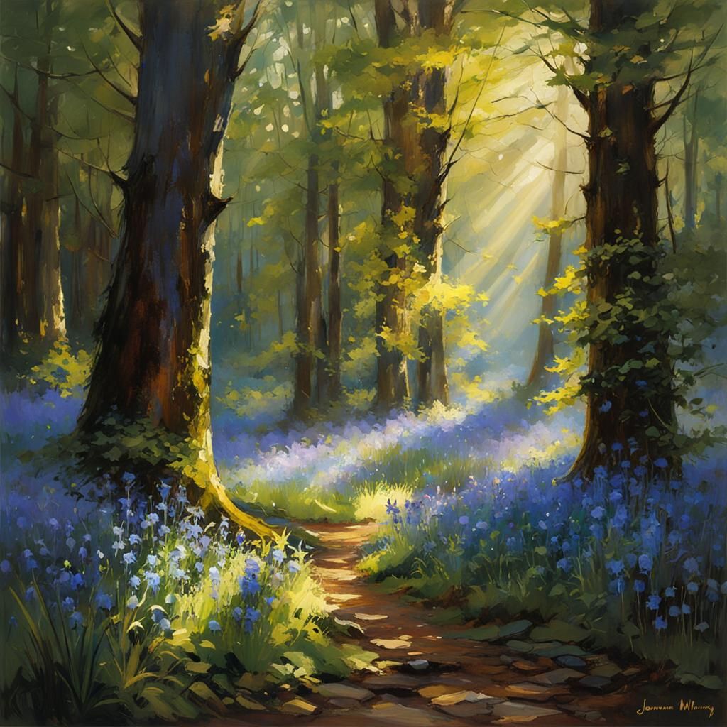 Bluebell Forest Landscape in 3D Watercolor Style