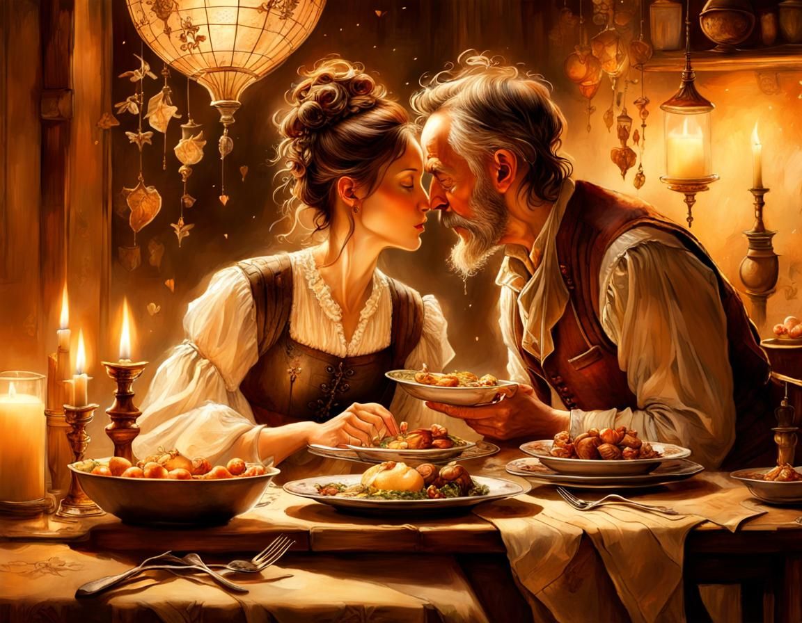 Romantic Candlelit Meal in Digital Painting Style