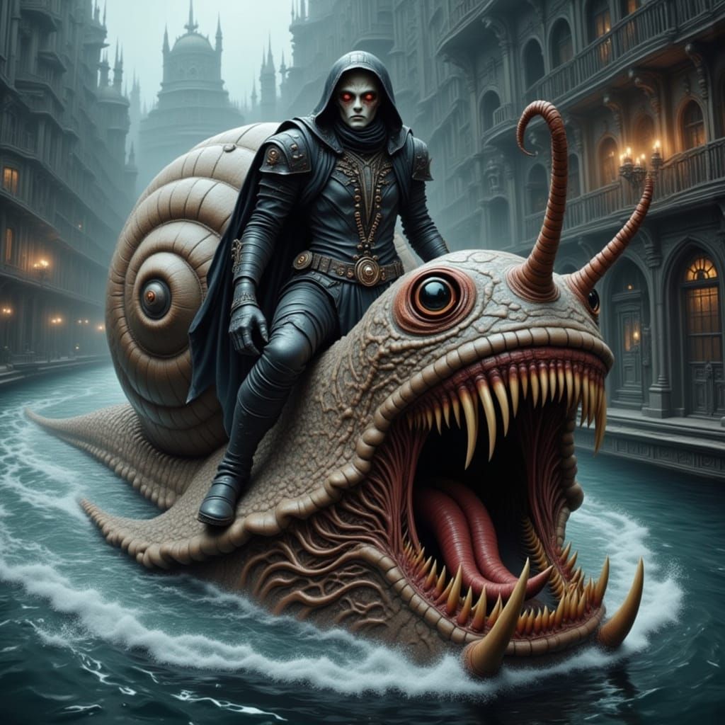 Dark Elf Drow Rides Creepy Water Snail Through Murky Ocean