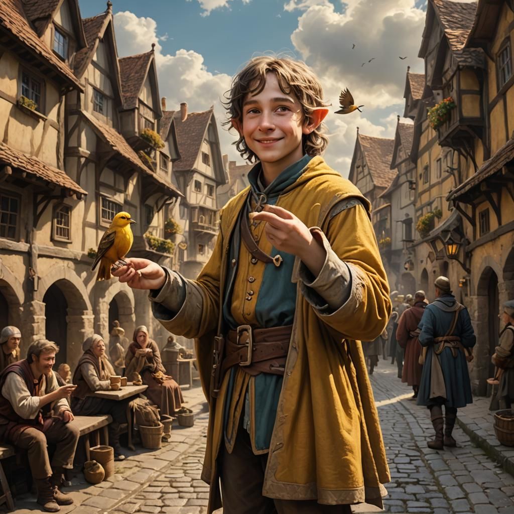 Half-Elf Acolyte with Bird in Medieval Village