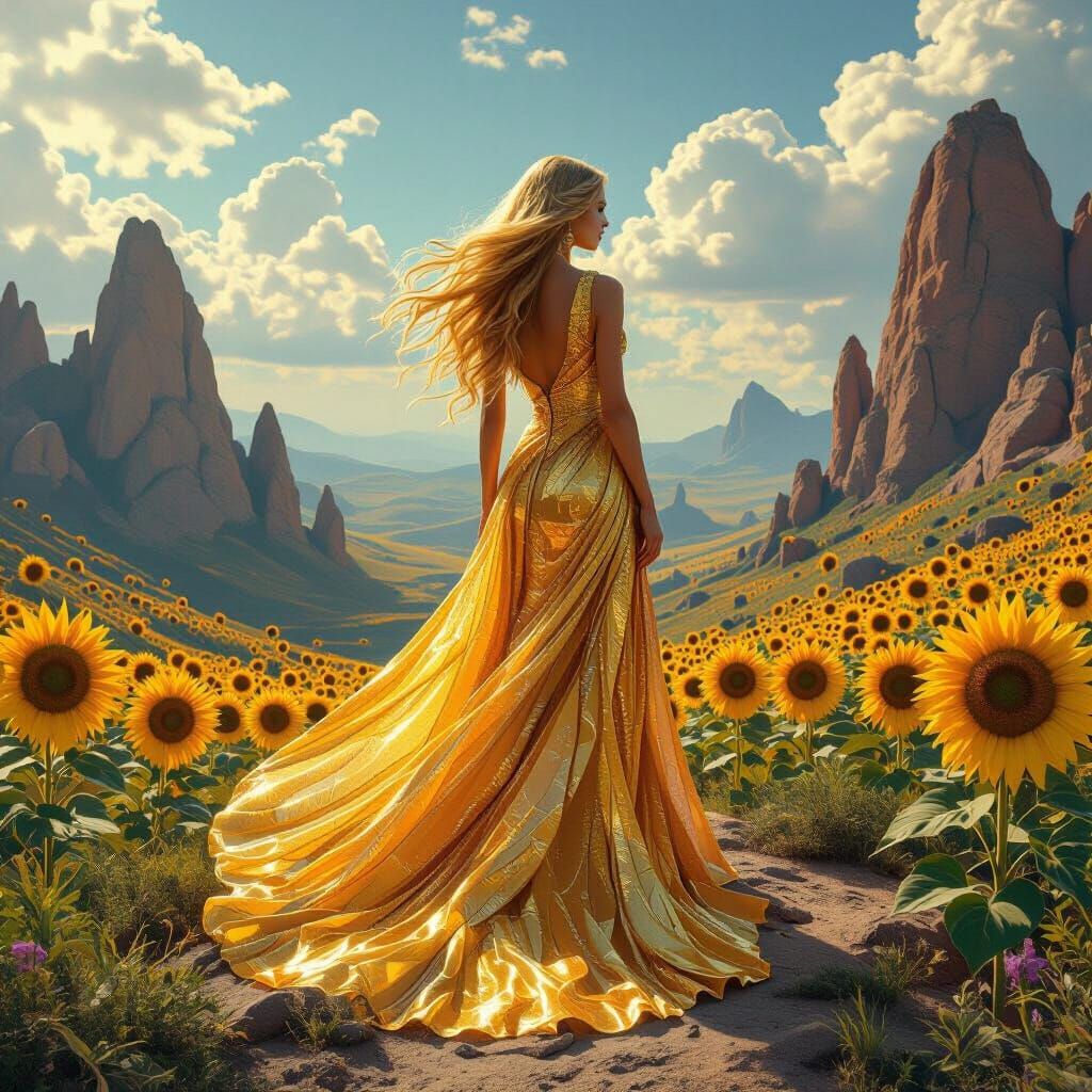 Golden Woman on Windswept Mountaintop
