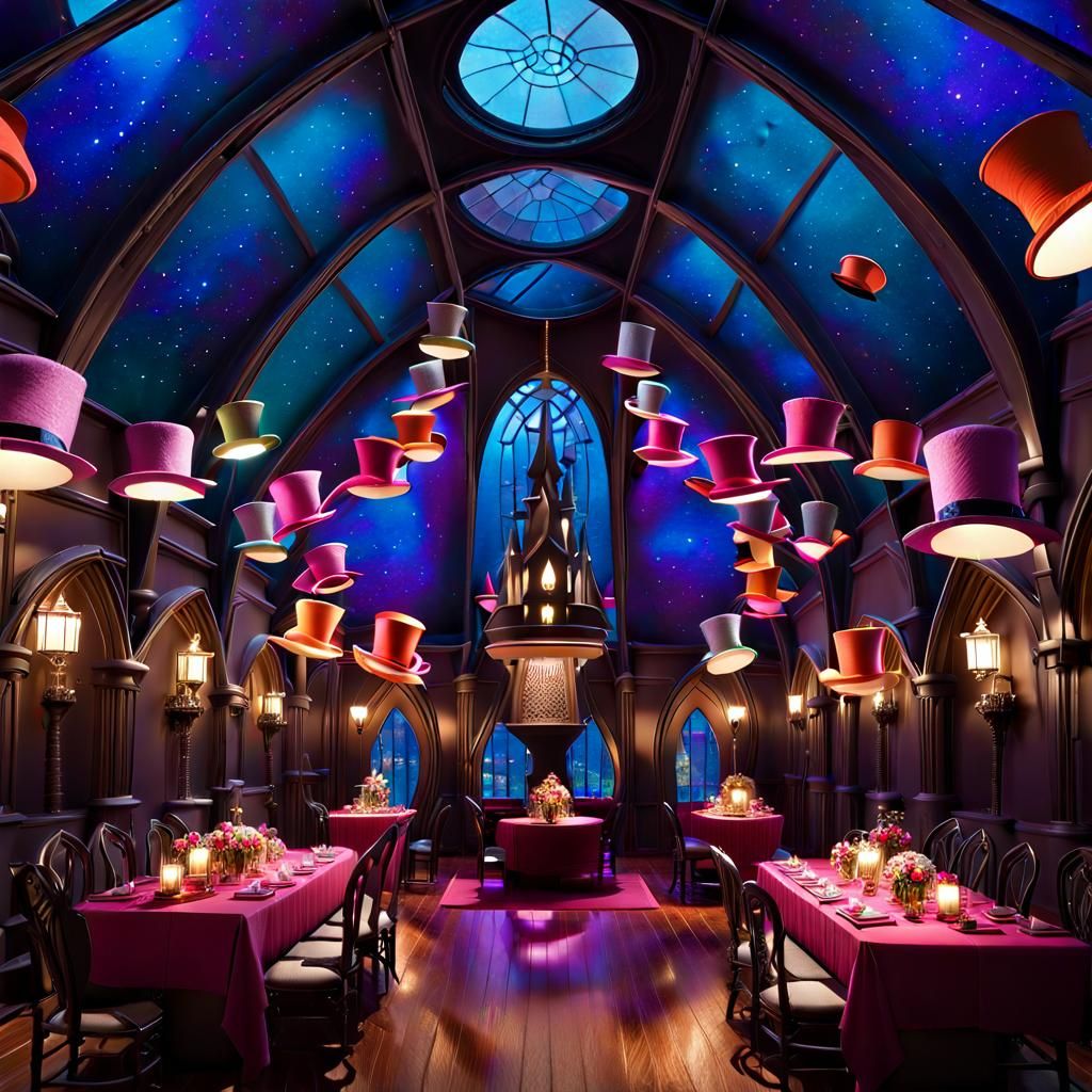 Surreal Mad Hatter Castle with Aurora Borealis