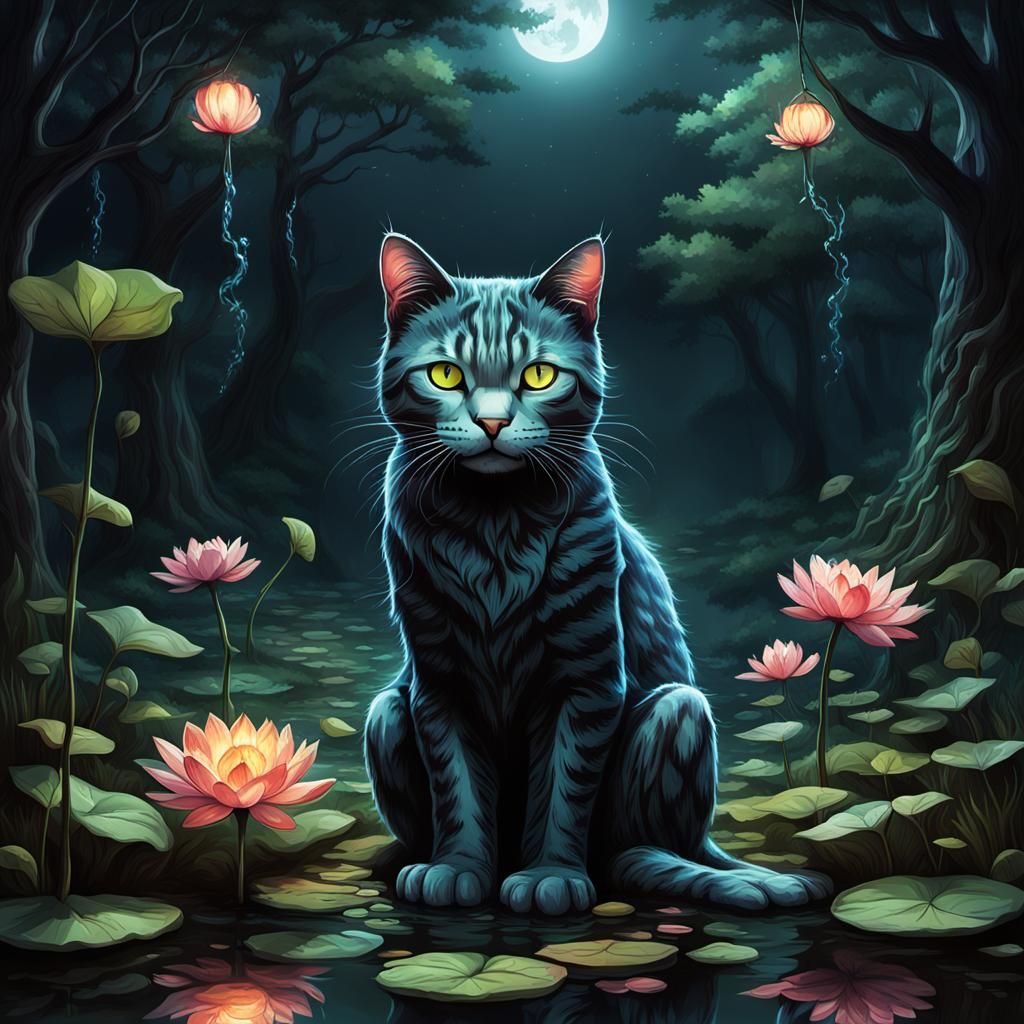 Mystical Cat Portrait in Luminism Watercolor Style